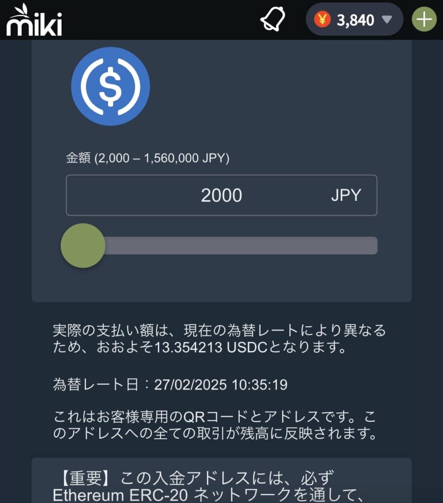 USDコインの入金（Mikiカジノ）